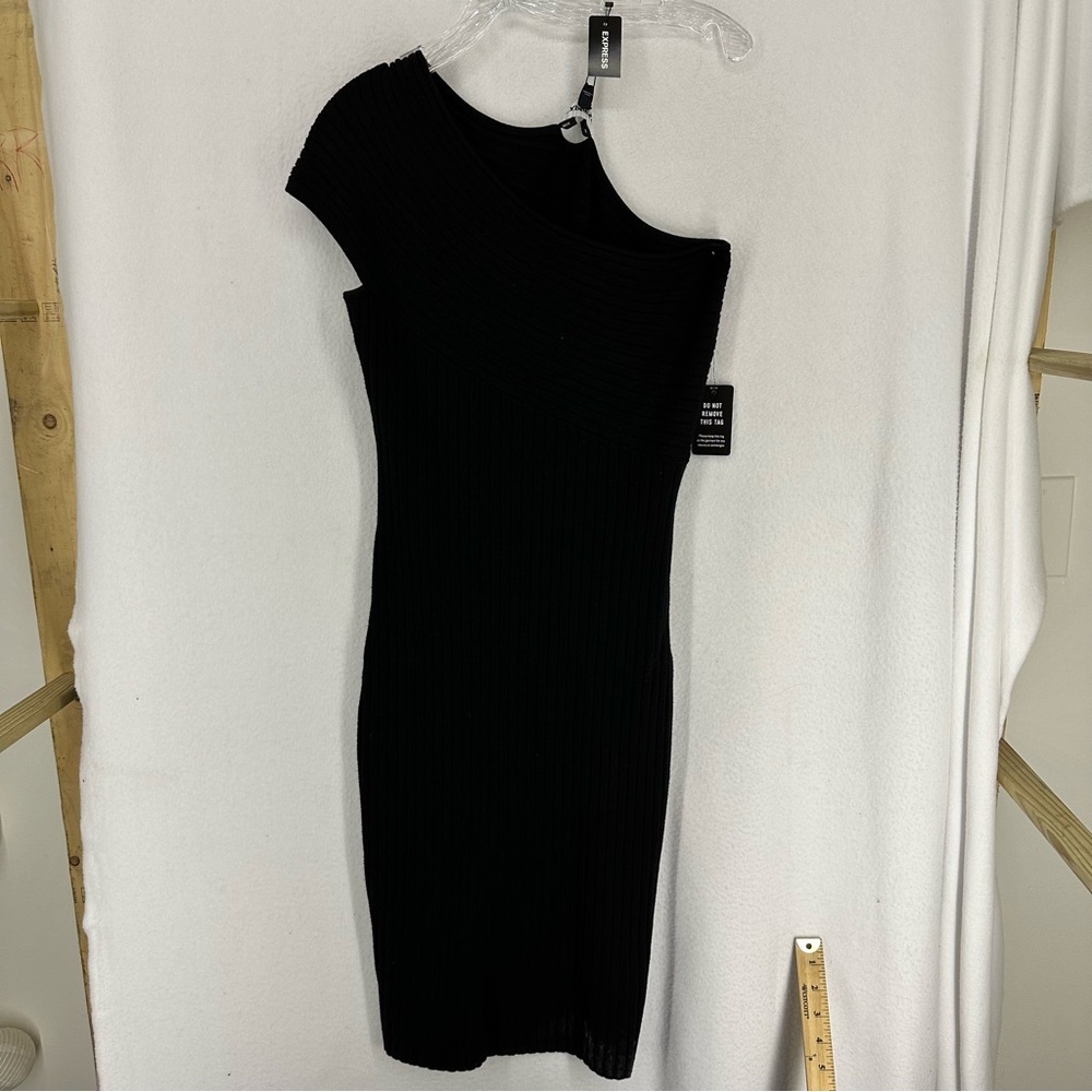 NWT Express One Shoulder Bodycon Midi Ribbed Dress Medium Black